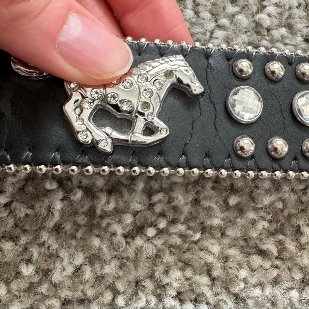 Nocona Leather Belt 26 Black Studded Rhinestone Sliver Bling Cowgirl Y2K Boho‎ - Picture 12 of 14